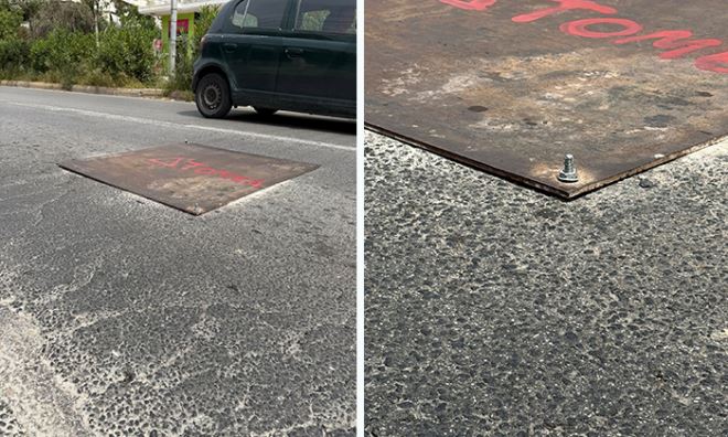 Kalymnou EYDAP Επικίνδυνη επισκευή της ΕΥΔΑΠ. Έβαλαν βίδες στο οδόστρωμα